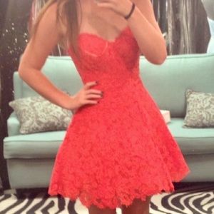 La Femme Strapless Lace Sweetheart A-Line Dress